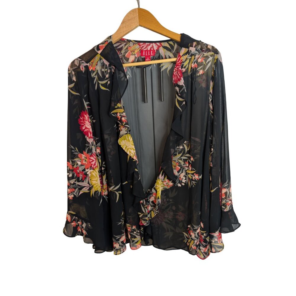 Elle Black Sheer Floral Ruffle Cardigan Bell Sleeve 1X Romantic Flowy Boho